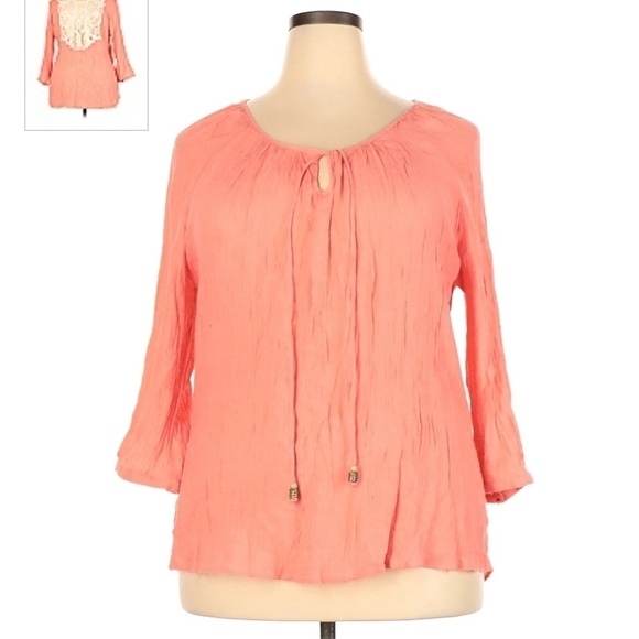 Maurices Coral Blouse Lace Back Women's 2X Plus Size Keyhole Tassel Neckline EUC - Picture 1 of 7